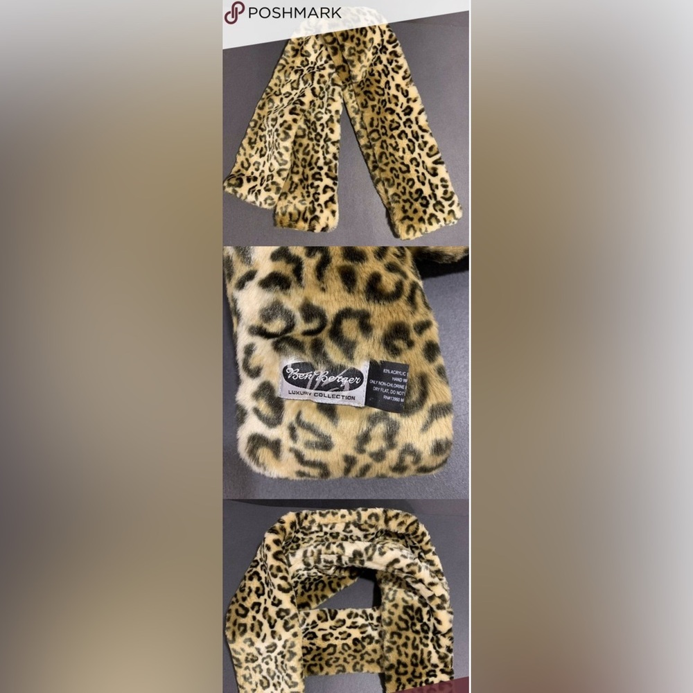 Ben Berger Luxury Collection faux fur animal print lined acrylic wrap scarf EUC…
